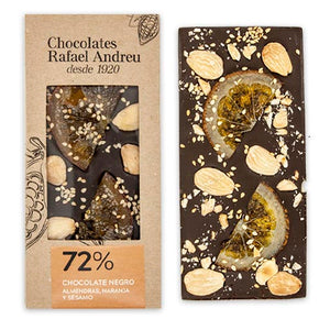 Tableta de chocolate 72% con almendras, naranja y sésamo