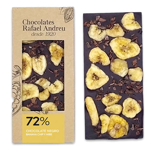 Tableta de chocolate 72% con banana chip y nibs.